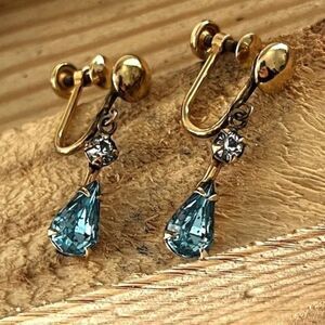 Vintage Gold-Filled Earrings Blue & Clear Stones Screw Back
